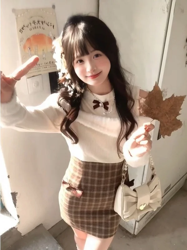 เสื้อไหมพรมทรงเข้ารูปแบบสลิมฟิต แขนยาว โชว์ไหล่ แต่งลายสก็อต สำหรับผู้หญิง ฤดูใบไม้ร่วง ฤดูหนาว สไตล์นักศึกษา ทรงบอดี้คอน