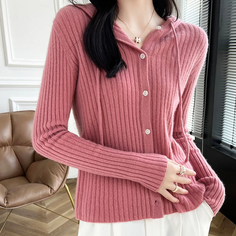 Women\'s Cardigan Autumn/Winter 100% Wool Sweater Casual Solid Knit Cardigan Hooded Collar Tops Ladies Clothes Slim Fit Blouse