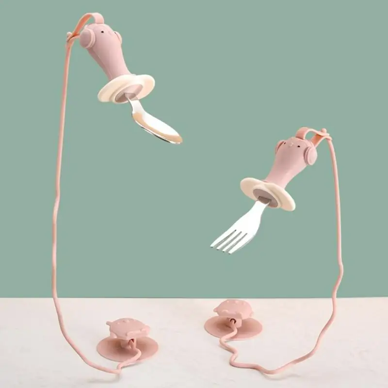 

U13F Infant Training Spoon and Fork Set Secure Suction Base Design Silicone Handle for Early Feeding Skills Training