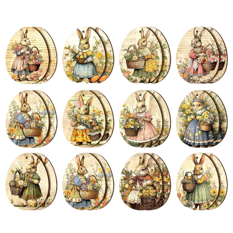 24pcs/set Easter Ornament, 2D Wooden Rabbit Tree Pendant, Holiday Decoration, Party Decoration, Home Decoration