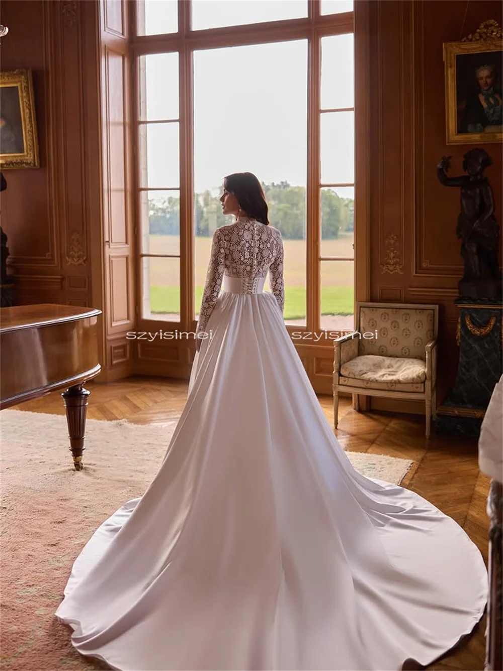 Robe de mariée trapèze élégante, col haut, jupe en Satin et dentelle, robe de mariée personnalisée à manches longues