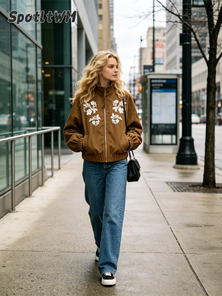 Women's Suede Stand Collar Zip Flower Embroidered Pocket Jackets Vintage Long Sleeve Cuff Outerwear Fall Daily Commute Coats