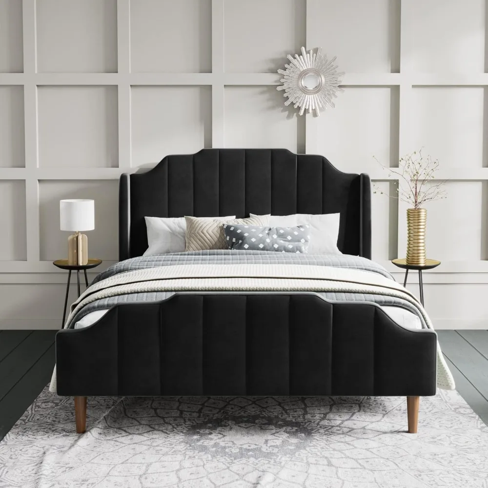 

SHA CERLIN Upholstered Queen Size Bed Frame with Modern Curved Velvet Wingback Headboard, Heavy Duty Wood Platform Bed with Stro