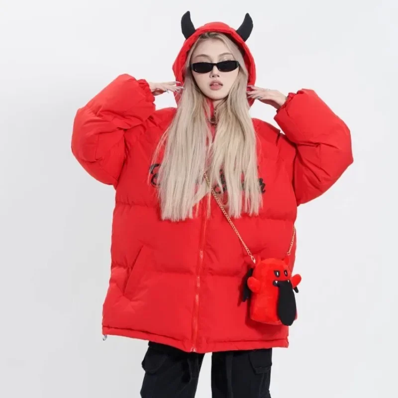 Winter Parkas Jacket Men Women Street Devil Horns Wing.Doll Bag Hooded Padded Coat Thick Warm Hip Hop Puffer Bubble Coats Unisex