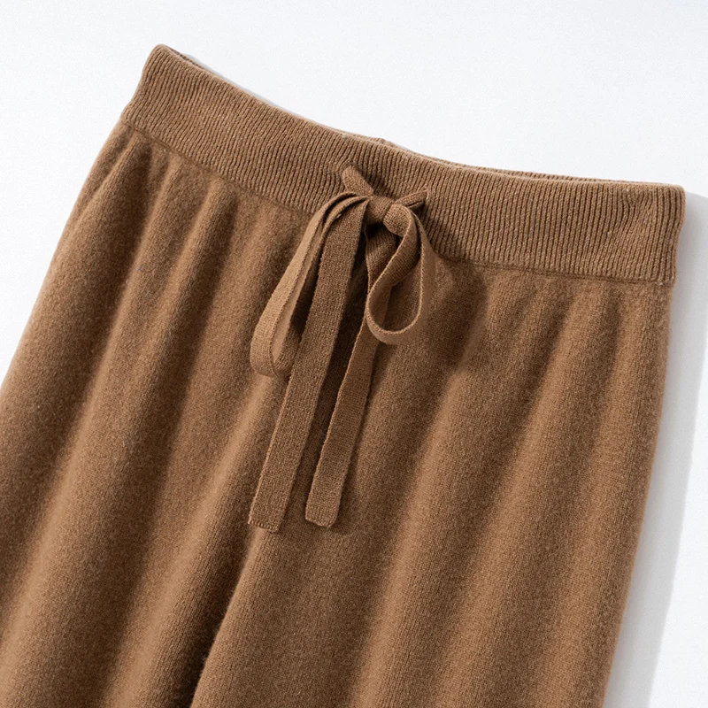 Autumn and Winter New Women Pants 100% Cashmere Soft Comfortable High-Waist Knitted Trousers Female Loose Thicken Wide Leg Pants