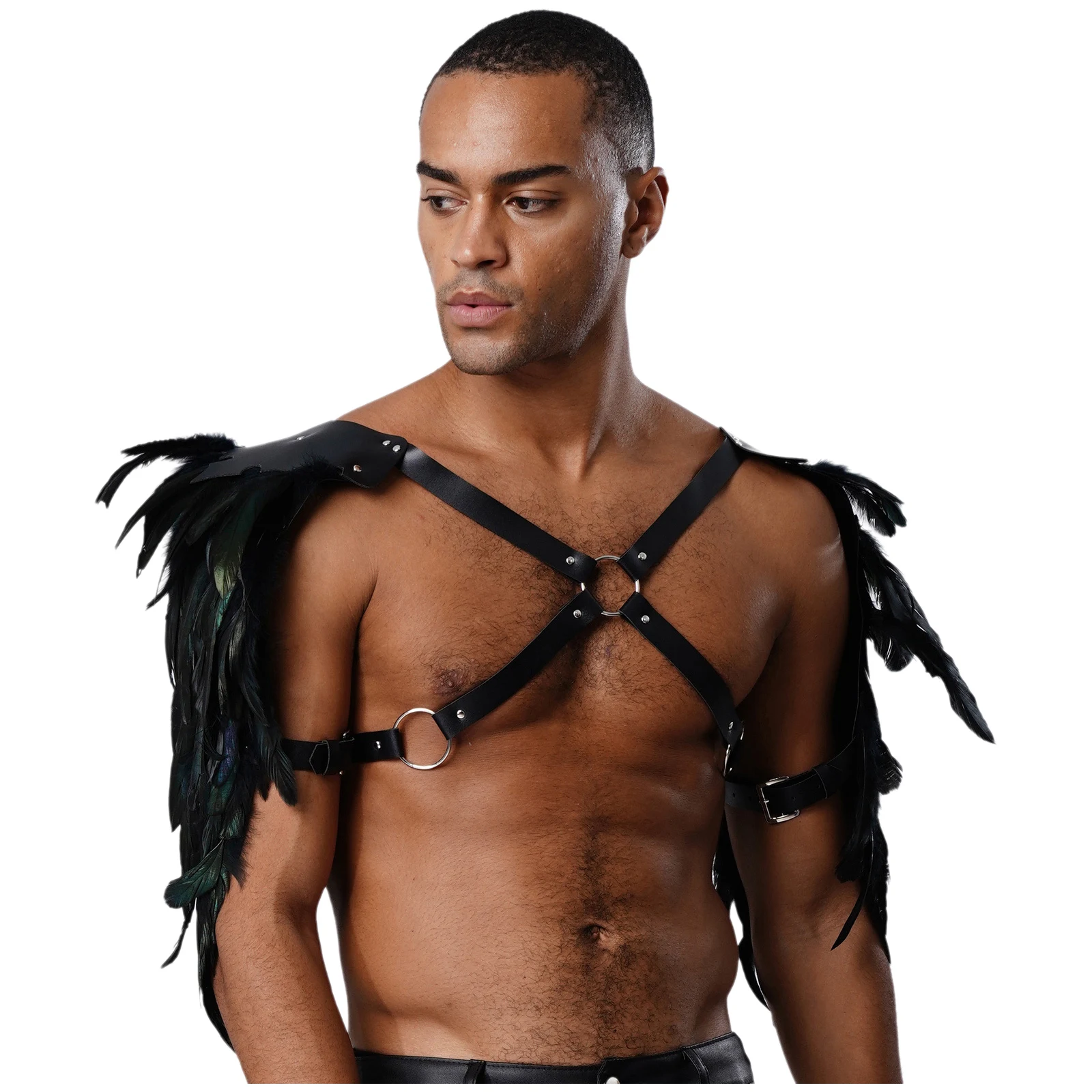 Męska Gotycka Punkowa Płaszczka na Ramię z Piórami, Paski, Nity, O-ringi, Łączona Uprząż na Klatkę Piersiową, Narzutka, Szal, Akcesorium na Halloween, Imprezę Cosplay