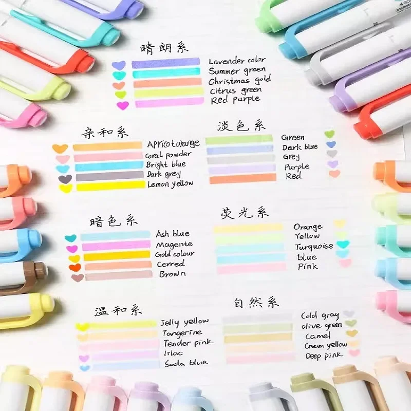 Japoński marker wodny ZEBRA Mildliner Highlighter WKT7, zestaw 5 kolorów pastelowych, naturalnych, delikatny, z podwójną końcówką do podkreślania. — zdjęcie produktu 3