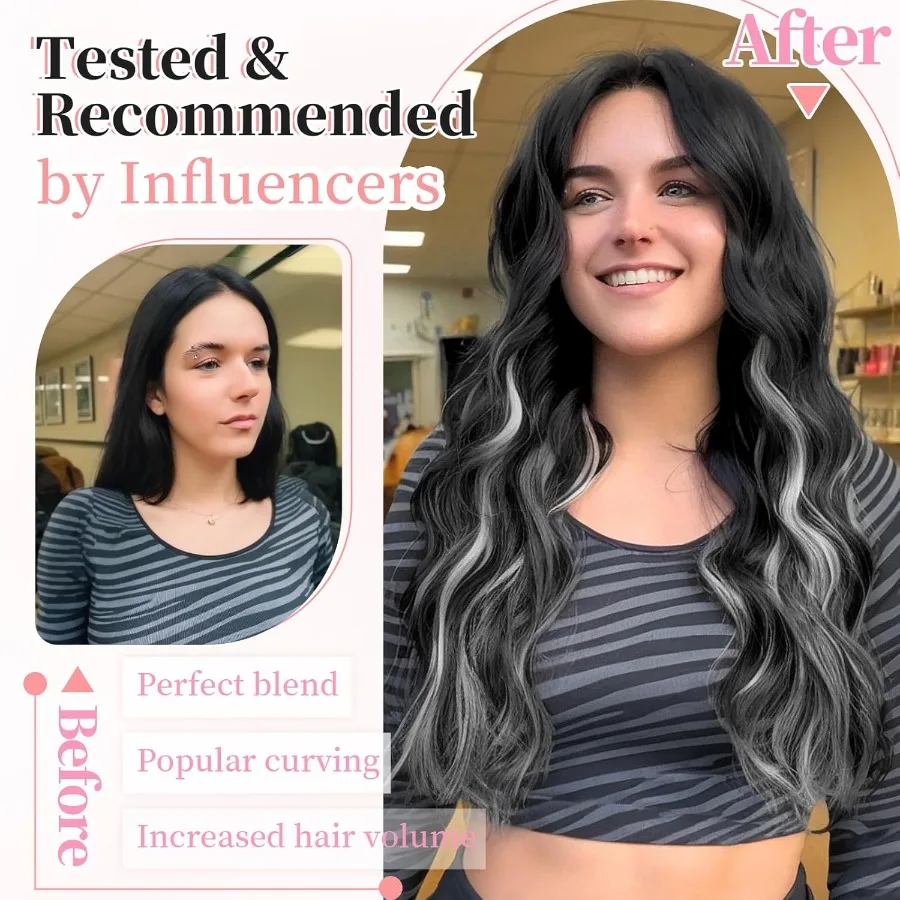 وصلات شعر صناعية طويلة مموجة مع لحمة مزدوجة للنساء 4 قطع شعر سميكة بمظهر طبيعي من الألياف باللونين الأبيض والأسود