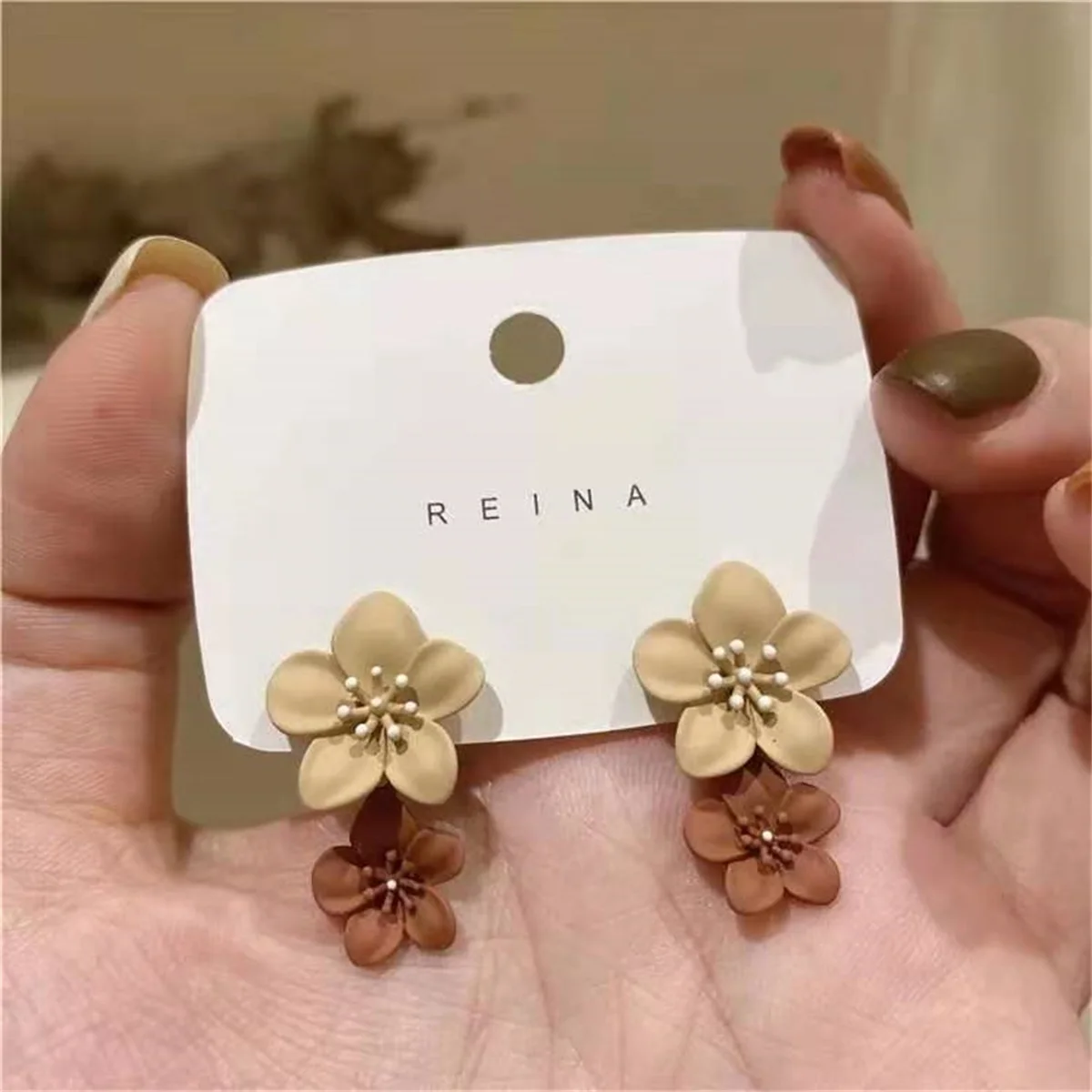 Brown Two Color Flower Drop Dangle Earrings for Women Korean Fashion Jewelry Wedding Party Girl Elegant Jewelry Accessories