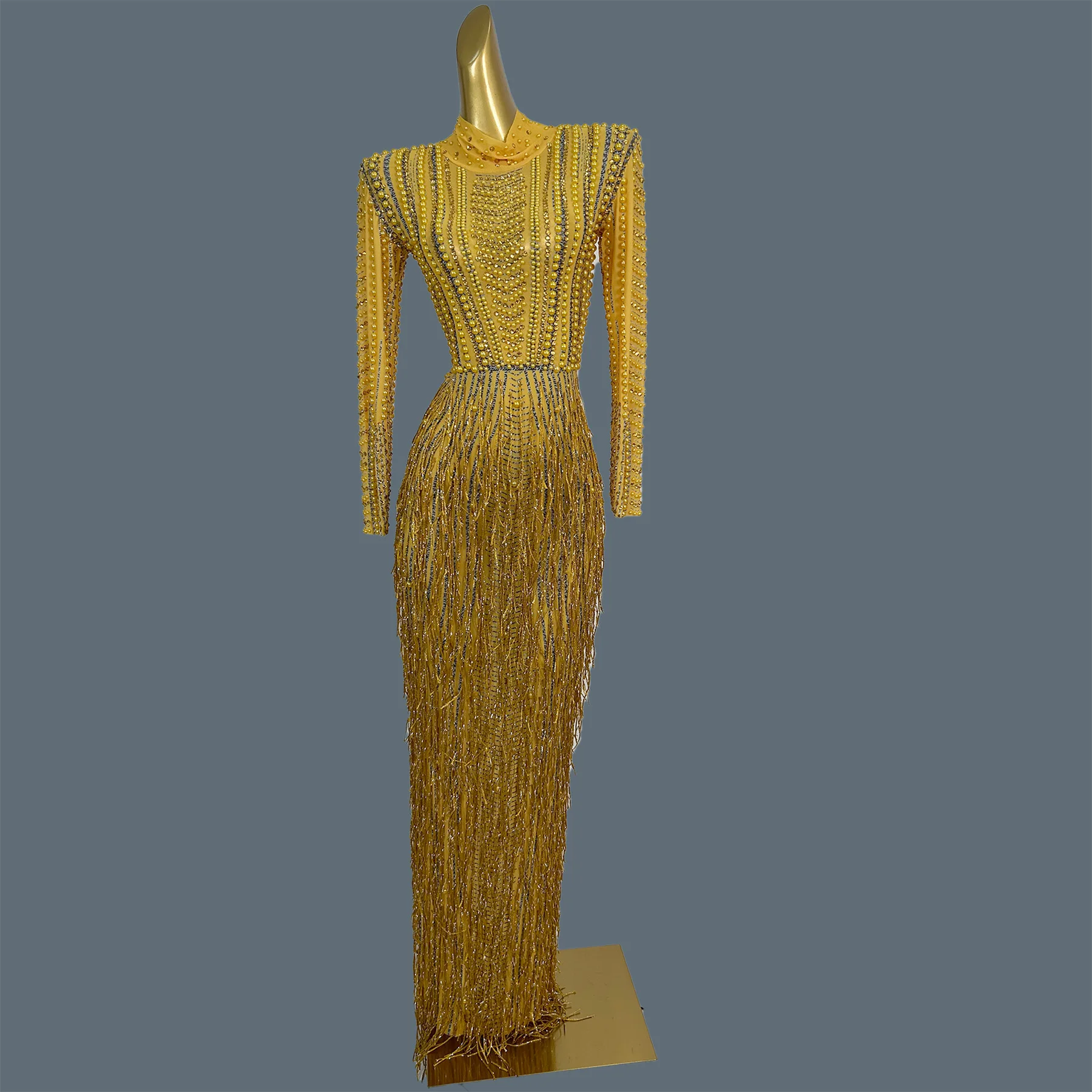 

Sexy Women Pearls Tassel Long Dress High-end Long Sleeves Spandex Evening Gown Birthday Party Sexy Bandage Outfit Shutiaozhenzhu