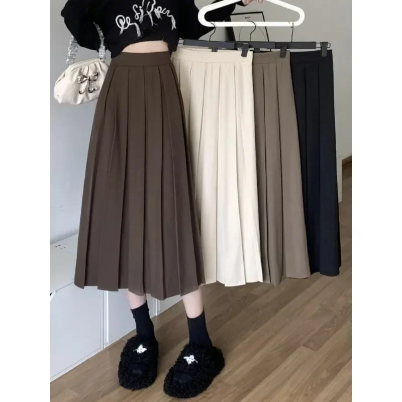 

Fashion Solid Midi Skirt Waist A-line Long Pleated Skirt Women Vintage Korean School Girl Elegant Casual Autumn