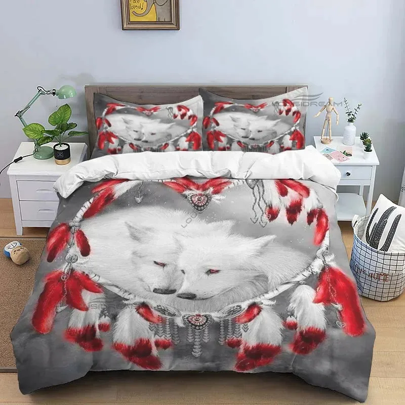 Indian Dreamcatcher Wolf Pattern Comforter Bedding Set,Duvet Cover Bed Set Quilt Cover Pillowcase,King Queen Size Bedding Set