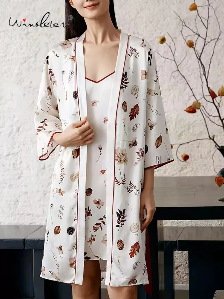 

Winsleter,Women Long Sleeve Print,Elegant Vacation Pajamas Robe,100%Mulberry Silk Sexy Night-robe,2024 Summer Fall P47660QC