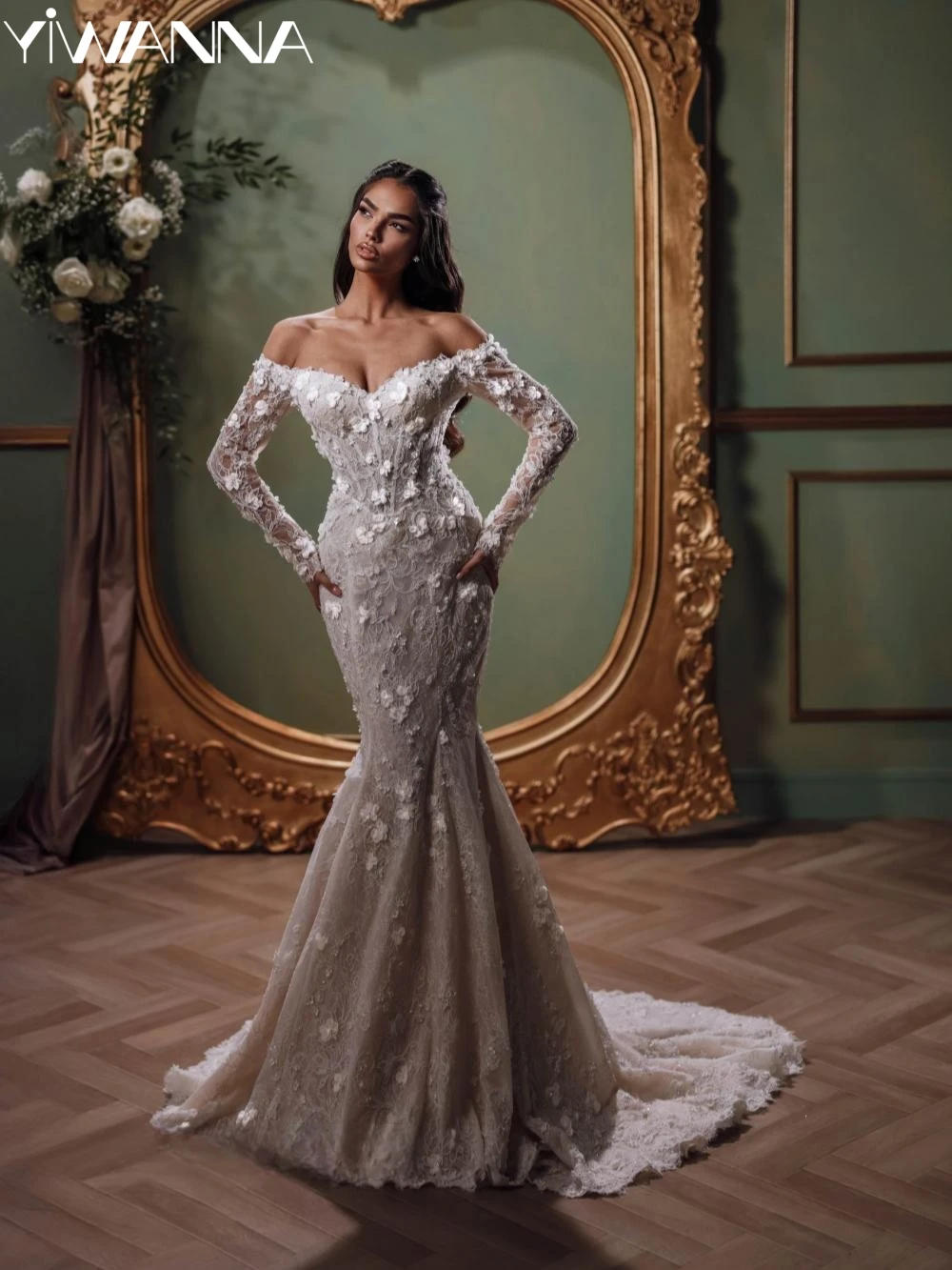 

Elegant Lace 3D Flower Mermaid Long Wedding Dress Dreamy Sweetheart Neck Bridal Gown Customized Off Shoulder Dresses For Bride