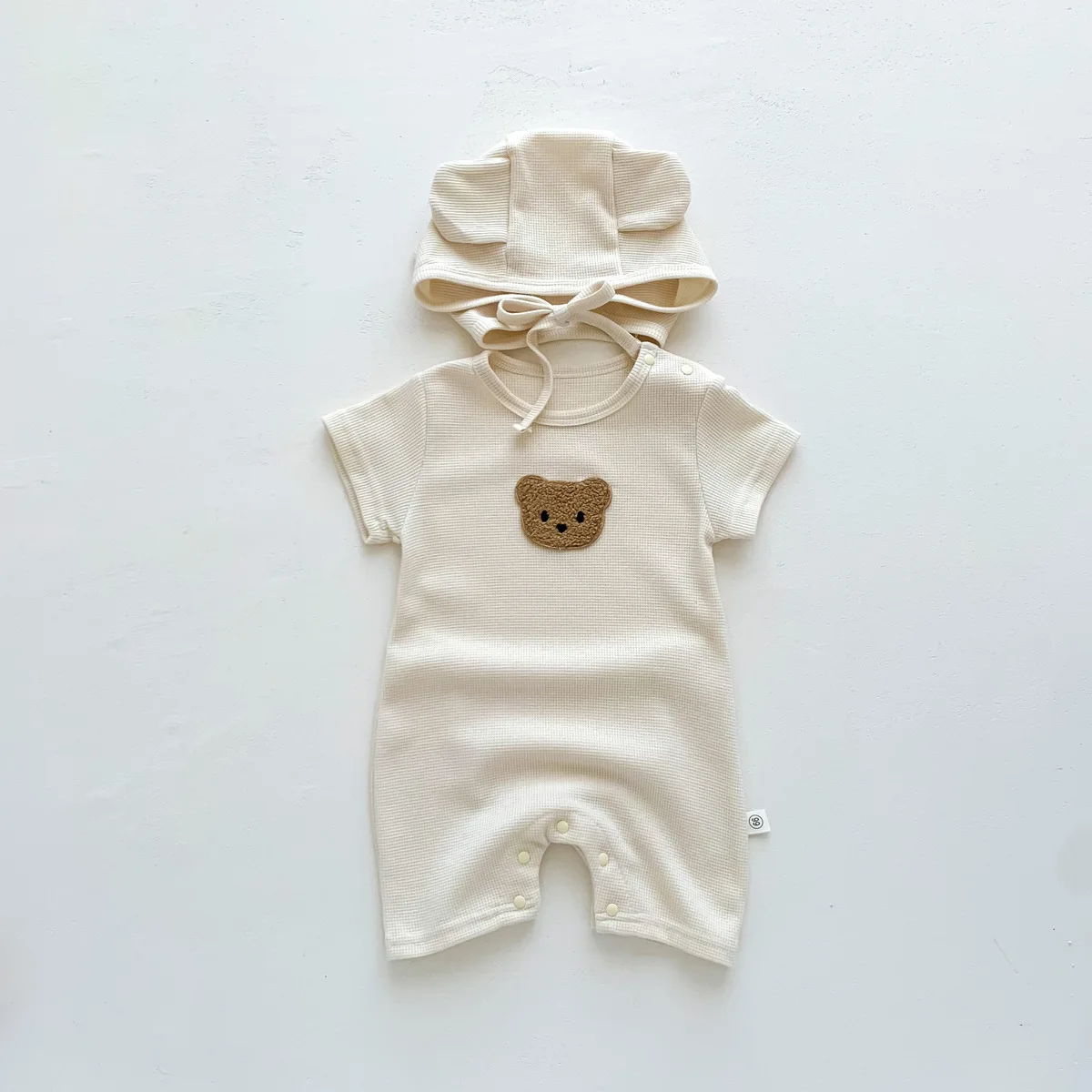 Nuovo In estate bambini neonate ragazzi manica corta Waffle Patch orso neonato tute cotone pagliaccetto regalo cappello con orecchio