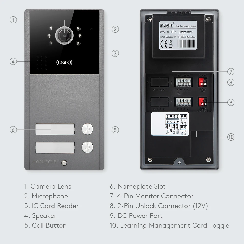 กล้องออดประตูภายนอก 4 สาย รุ่น XC113F-2 HD มาตรฐาน IP65 พร้อมพวงกุญแจ IC 13.56Mhz จำนวน 5 ชิ้น สำหรับวิดีโออินเตอร์คอม ระบบรักษาความปลอดภัย รองรับ 2 ครอบครัว