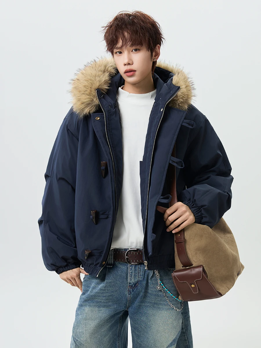

Men's Winter Thiened Cotton Jaet with Large Fur Collar And Horn Buttons Warm And Sli American Workwear Sle Outerwear