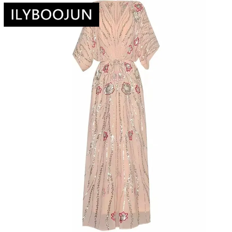 

ILYBOOJUN Fashion Design Spring Summer Women's Batwing V-Neck Batwing Sleeve Sequins Embroidery Beading Streetwear Dresses