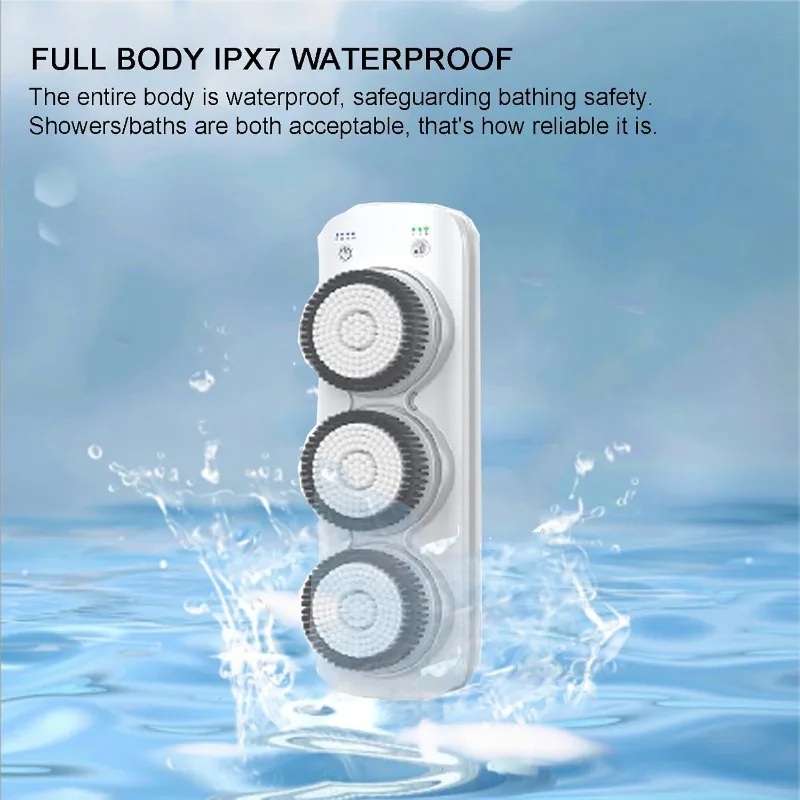 Spazzola per il corpo della doccia elettrica, scrubber per la schiena ricaricabile montato a parete, spazzola per il bagno del corpo con tre testine per doccia in pelle