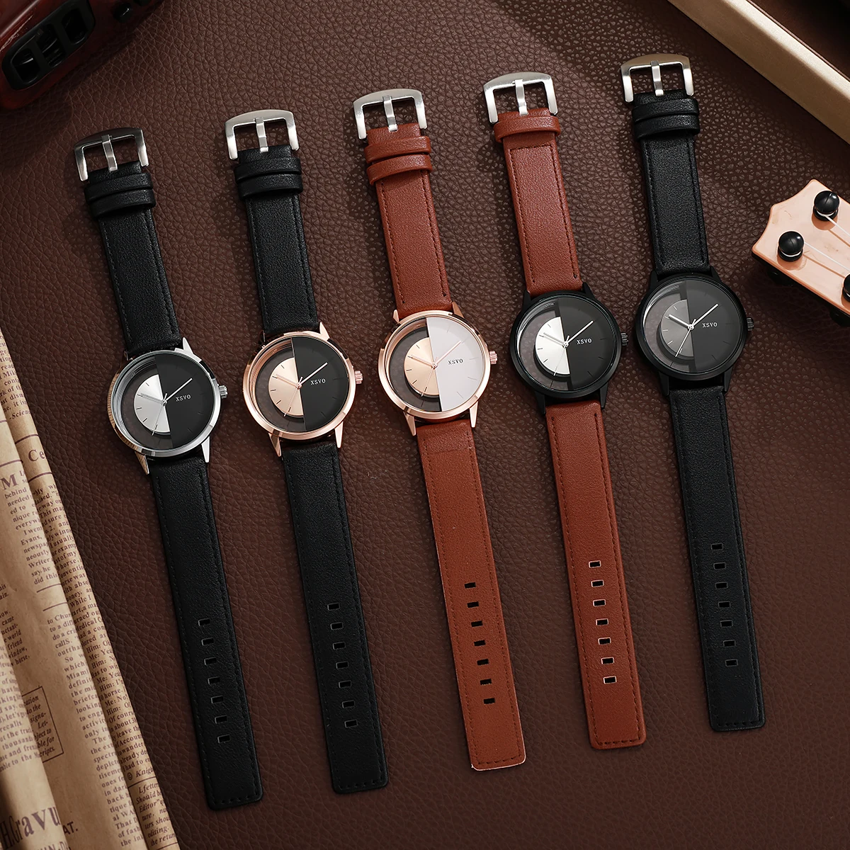 

Минималистичные мужские наручные часы с двухцветным циферблатом, ремешок из натуральной кожи, современные кварцевые часы для джентльменов, идеальный подарок для него