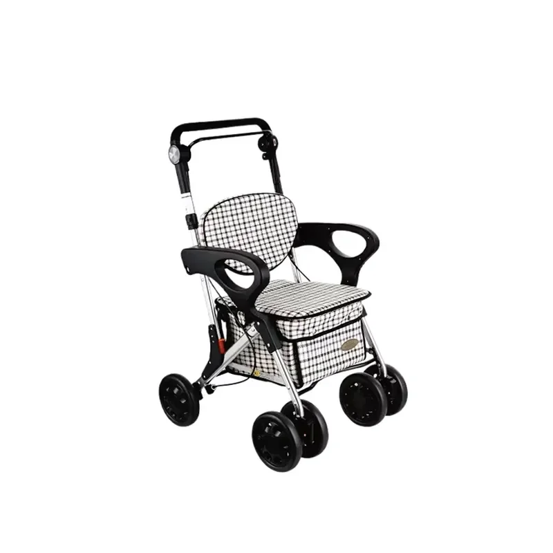 Foldable Walking Aid with Seat and Large Shopping Bag Lightweight Aluminum Frame Mobility Support Trolley for Elderly Adults