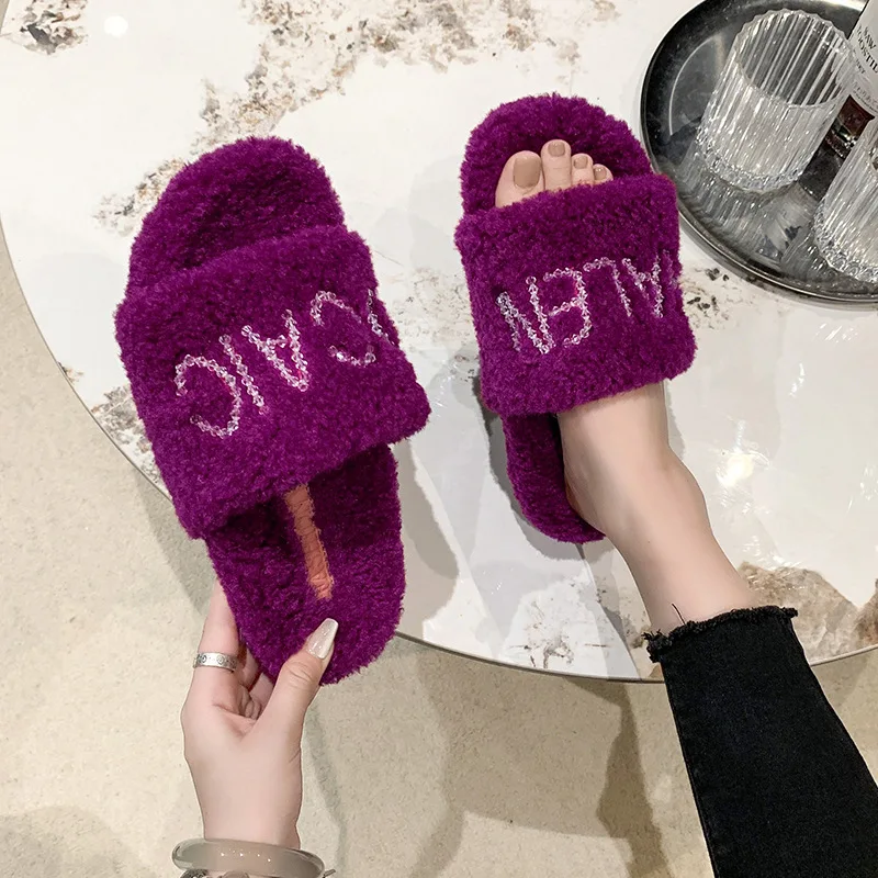 2024 Autumn New Thick Bottom Rhinester Letter Lamb Fur One Body Hair Drag Women's Casual Lazy Slippers