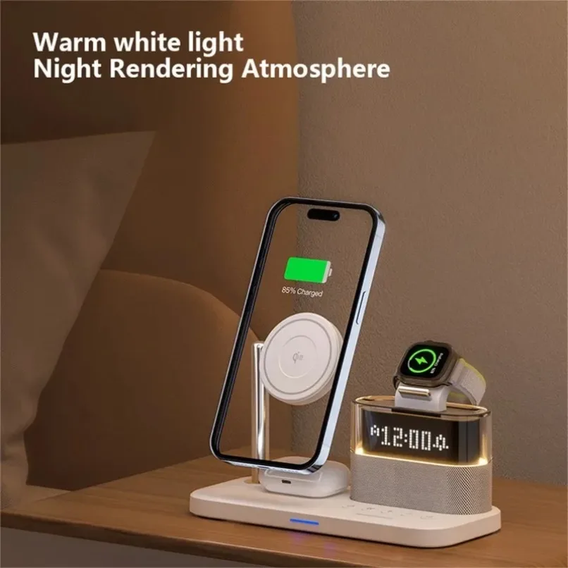 3 in 1 Magnetic Wireless Charger with Clock Ambient Light Fast Charging Stand Station for iPhone iWatch AirPods Desktop Home Use