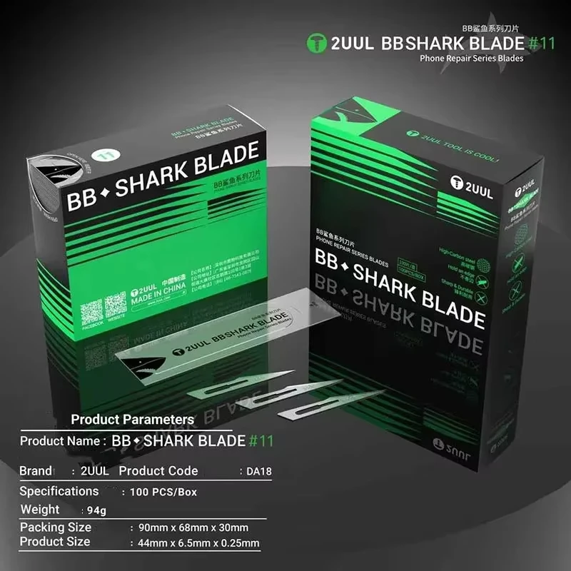 2UUL DA18 No.11 BB Shark Blade 100pcs/box for Mobile Phone Repair Glue Removal Rust-Proof High-Carbon Steel Scraping Pry Knife