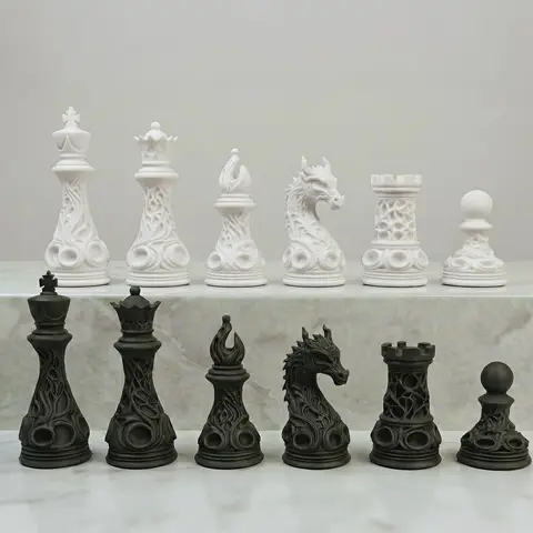 32-piece 3D printed plastic Gothic Revival black and white chess set | Sci-fi Celtic woven art dragon pattern