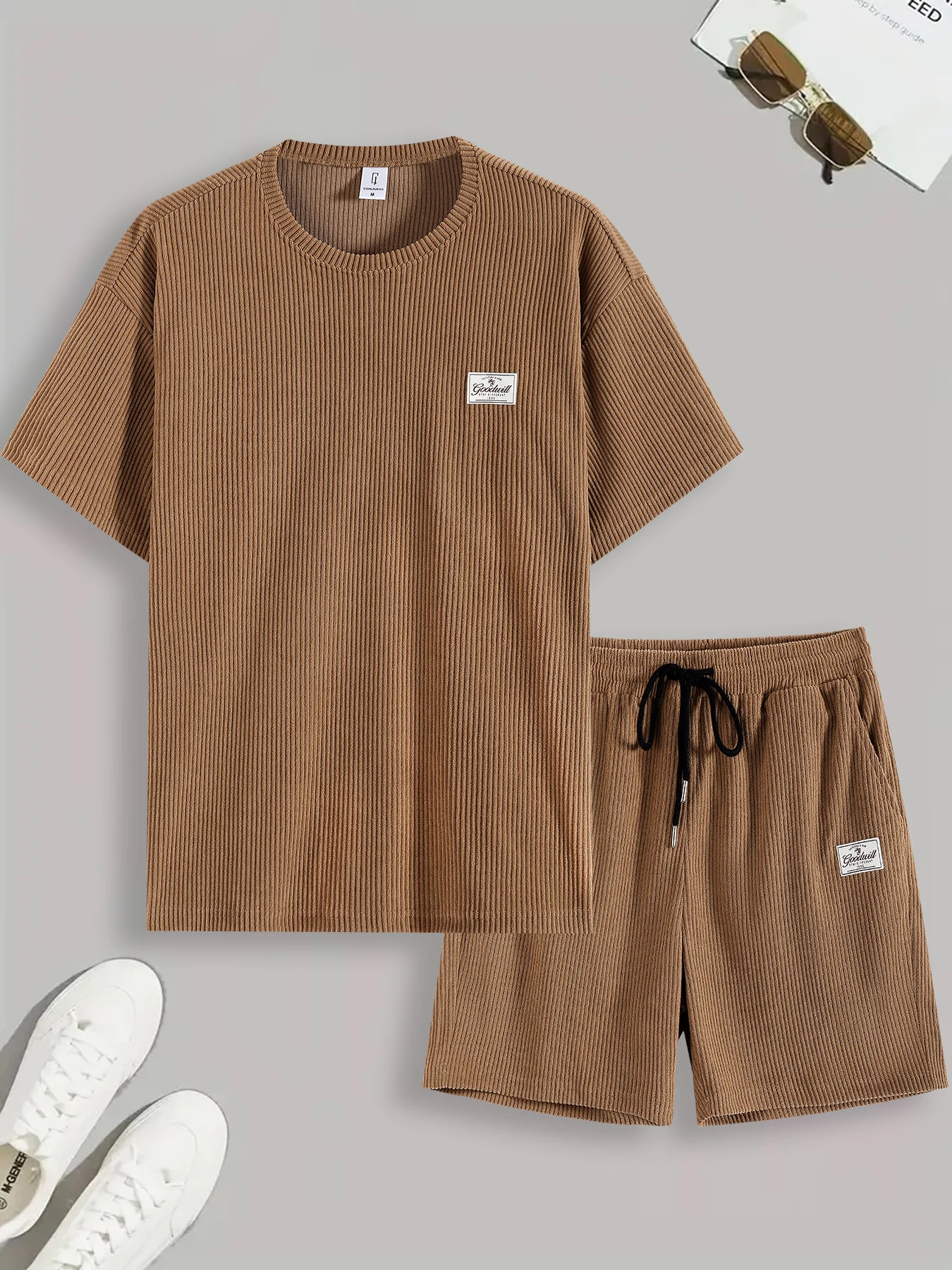 

Men's Brown Ribbed Textured Casual Set 2 Piece Patch Tag Short Sleeve T-Shirt & Drawstring Shorts Outfit