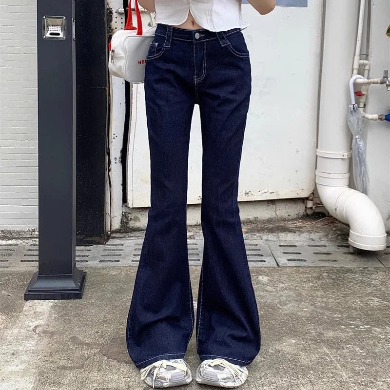 2025 Spring Female Korean Wash Dark-Blue Flare Jeans Lady Chic Designer Bell Bottom Pants Girls Vintage Slim Fit Denim Trousers