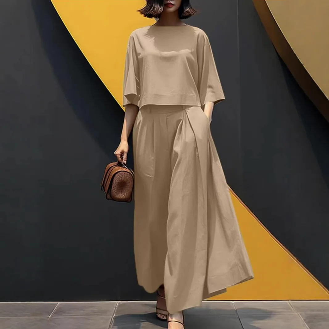 2025 여름 여성용 패션 솔리드 컬러 반팔 상의와 러플 와이드 팬츠 슈트 루즈핏 상의와 바지 슈트
