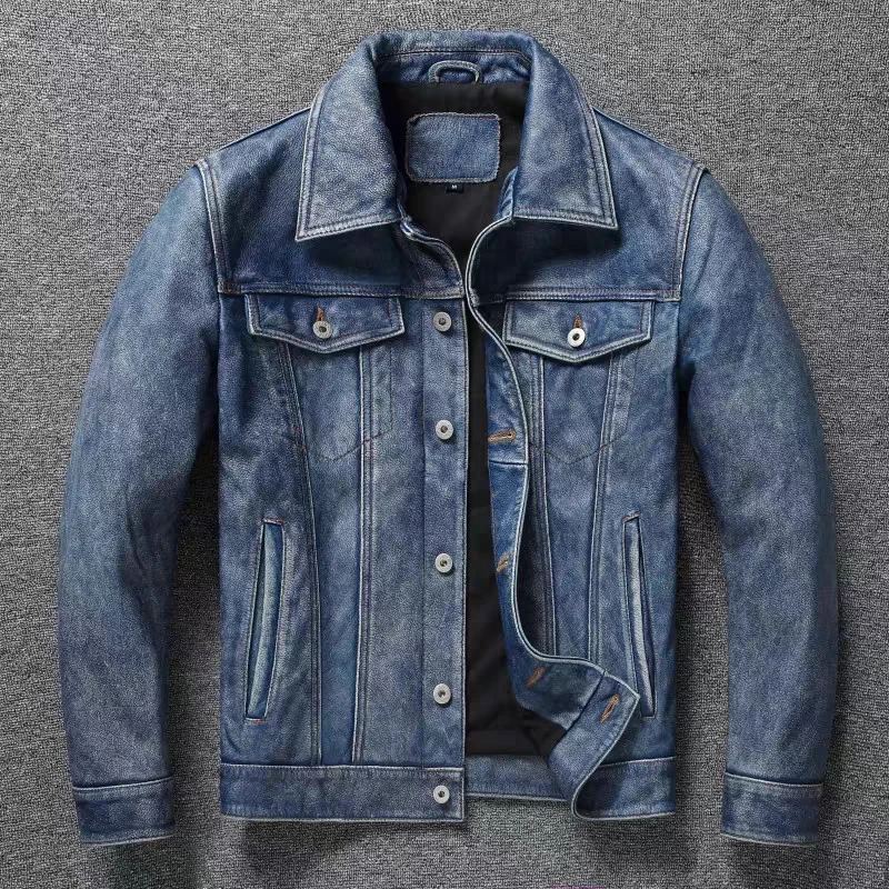 

Men's Motorcycle Leather Jacket Light Blue Ami Khaki Retro Graphite Distressed Denim Genuine Leather Jacket Slim Short Jacket