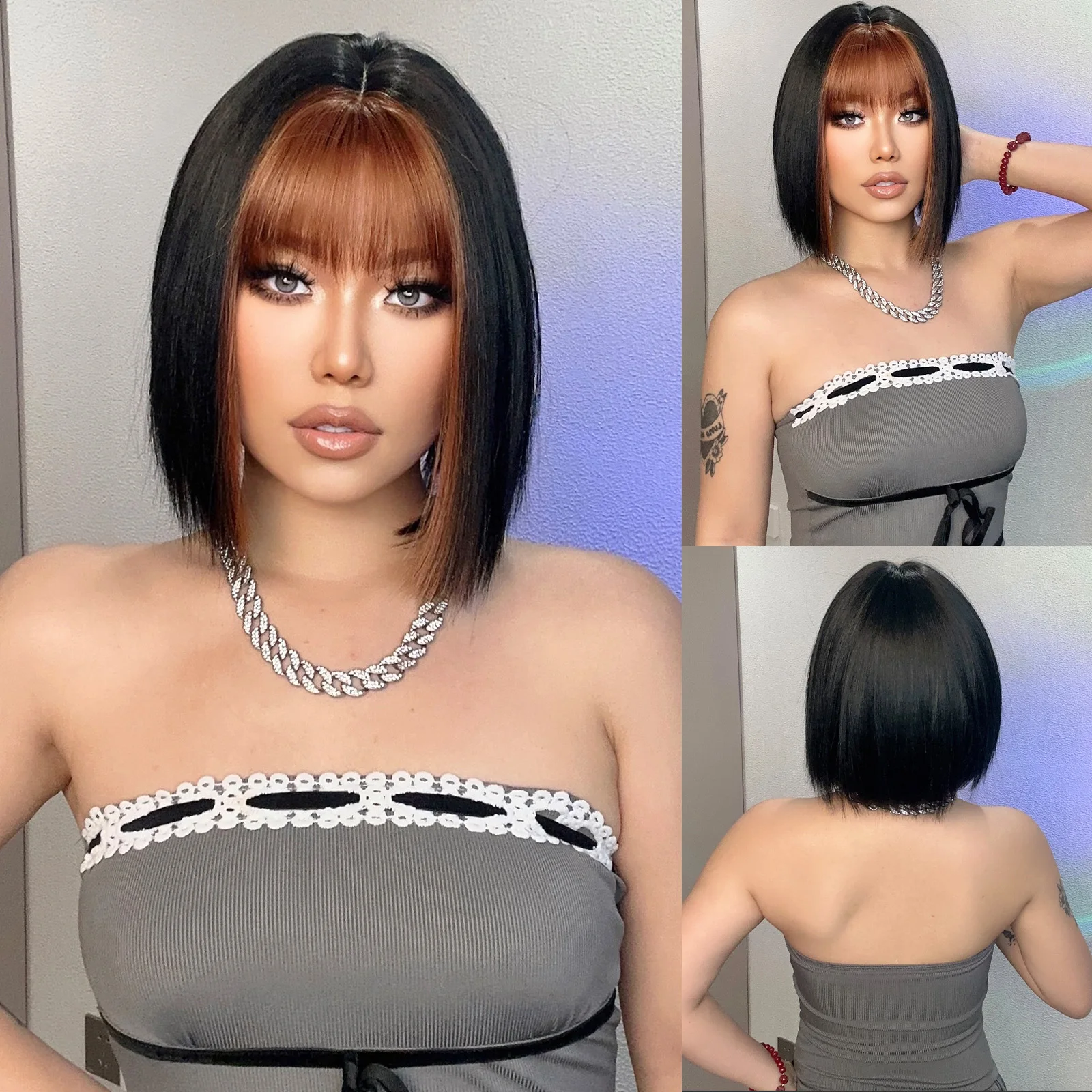 

Black Short Bob Wig With Orange Bangs Mixed Copper Brown Synthetic Cosplay Wig For Women Colorful Daily Hair Use Heat Resistant