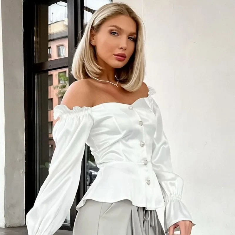 Talenza White Off Shoulder Shirt Women\'s Elegant Solid Long Sleeve Single Breasted Shirt Top Casual Cardigan Slim Ruffle Shirt