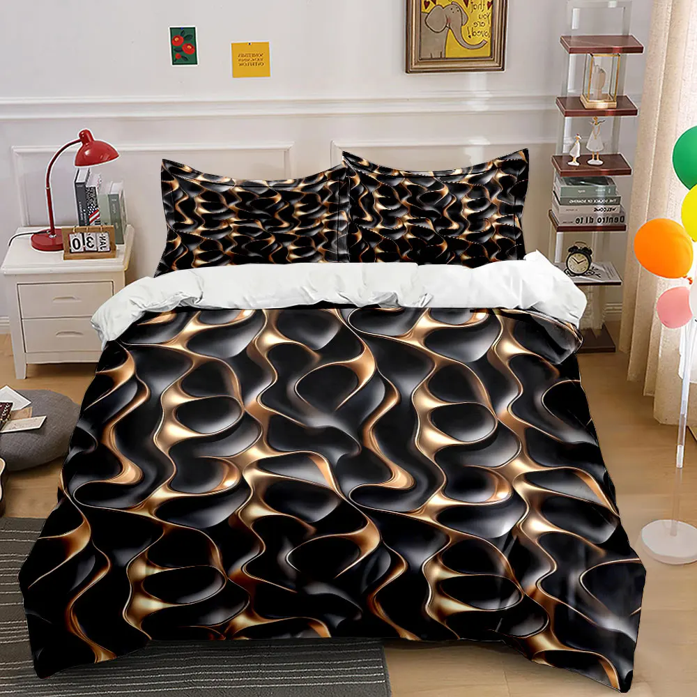 Black and Gold Fluid Texture Print Bedding Set 1 Duvet Cover 2 Pillowcases for Adult and Children Luxury Gift Full Size