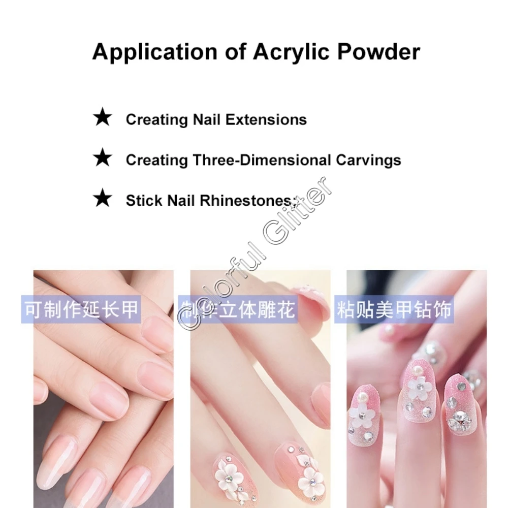 Clear White Pink Color Acrylic Dust Powder Pigments for DIY Acrylic Manicure Nail Tips System Materials