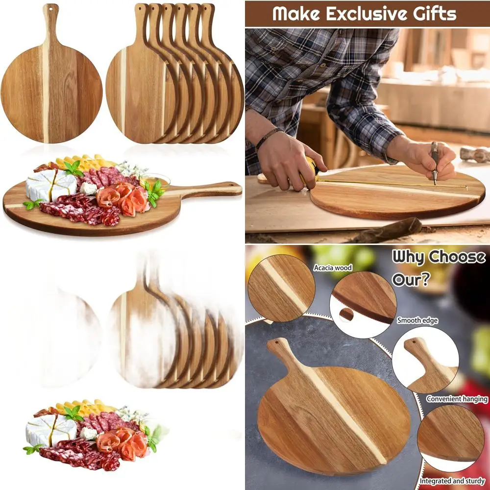 

Acacia Wood Round Cutting Boards, 6 Pack, 0.6 Inch Thick, 12x16 Inch, with Handle, for Charcuterie, Pizza, Cheese, Meat, Fruit