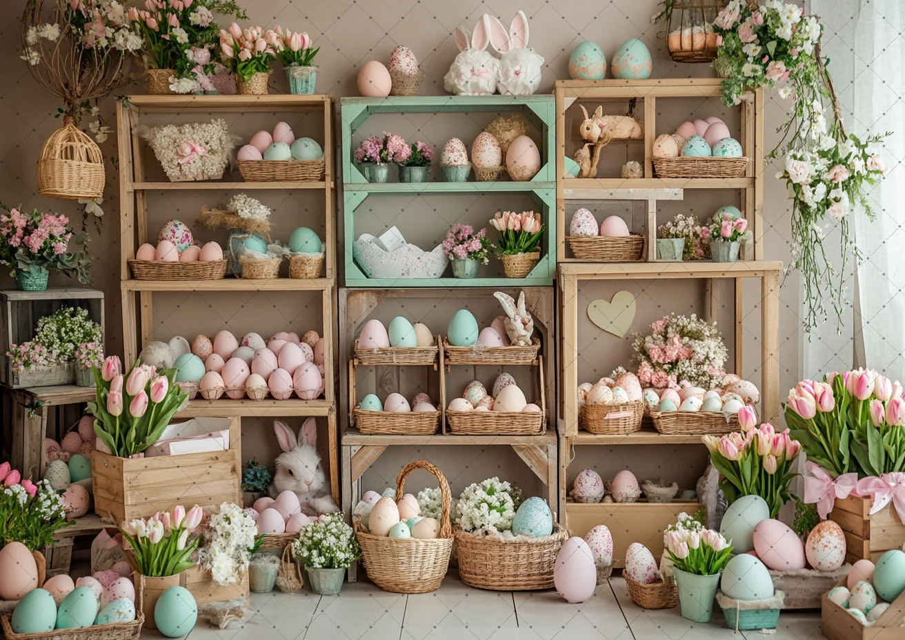 Photography Backdrop Happy Easter Day Newborn Kids Birthday Party Flower Colorful Egg Shoppe Decor Photo Background