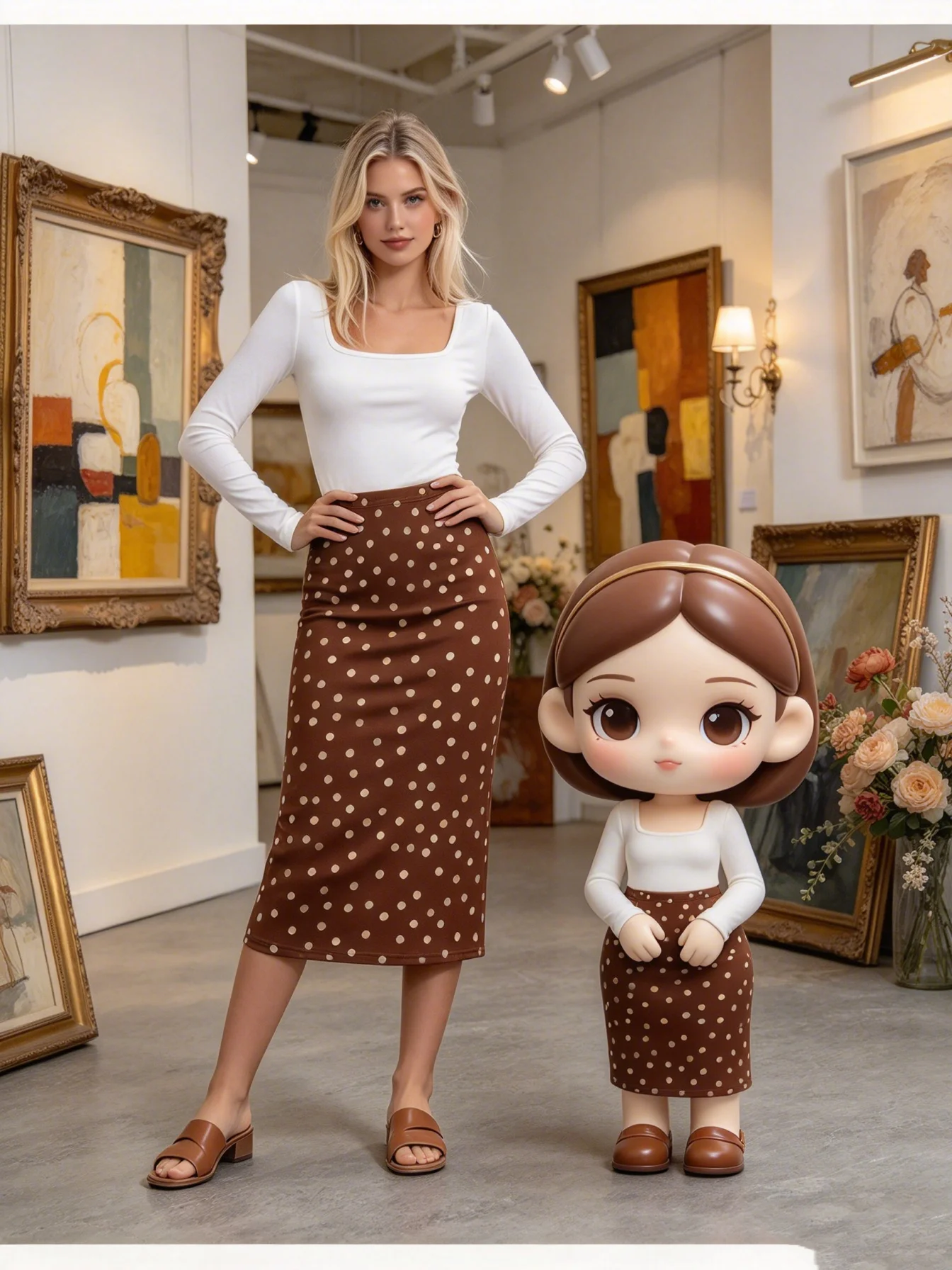 Women's Casual Solid Color Square Neck Long Sleeve T-Shirt Elastic Waist Skirt Set Cinched Waist Wave Point Design Top And Skirt