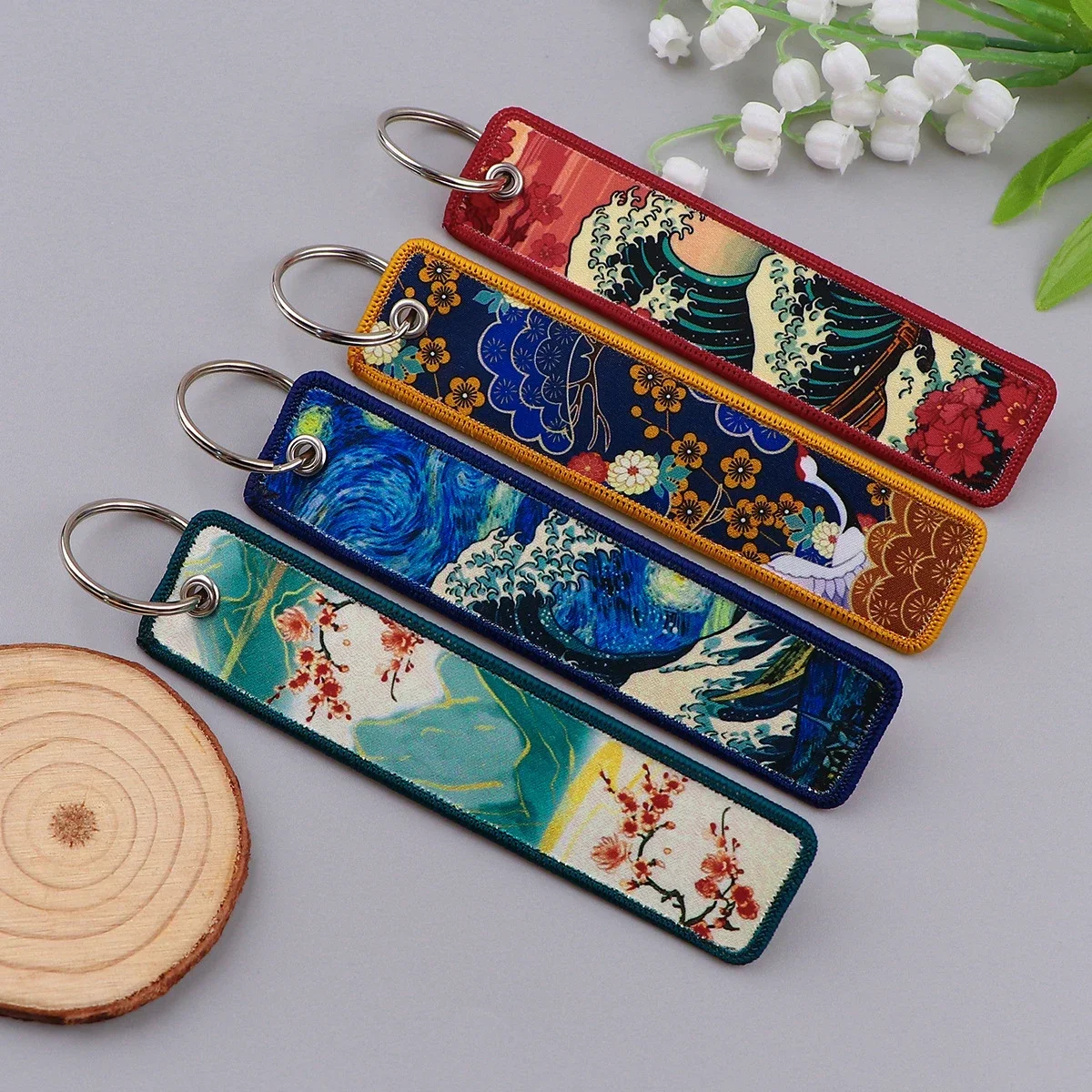 Japanese Waves Art Drawing Embroidery Key Fobs Backpack Key Tags Motorcycles Keychain Keyrings Cosplay Accessories Gift