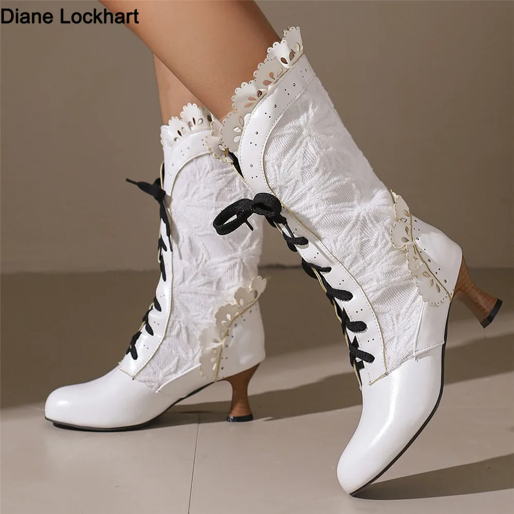 

Women Sexy Lace Up Mid-Calf Heel Boots Vintage Gothic Lace High Heel Boots Victorian Steampunk Cosplay Autumn Boots Shoes 34-48