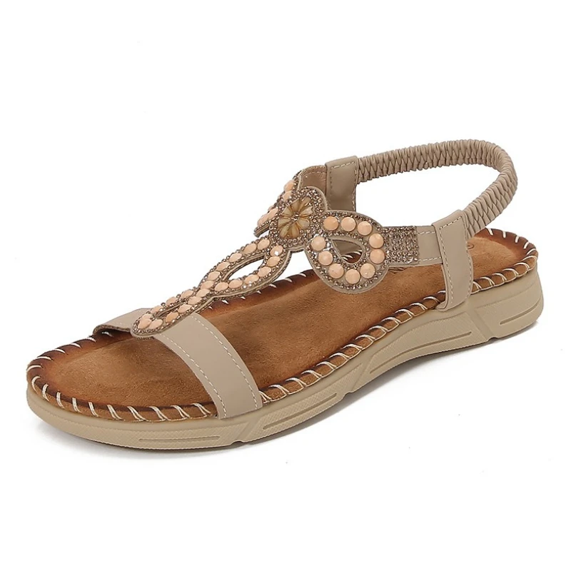 

Новые модные богемные сандалии, женские сандалии с круглым носком и плоской подошвой, украшенные стразами, большие размеры.