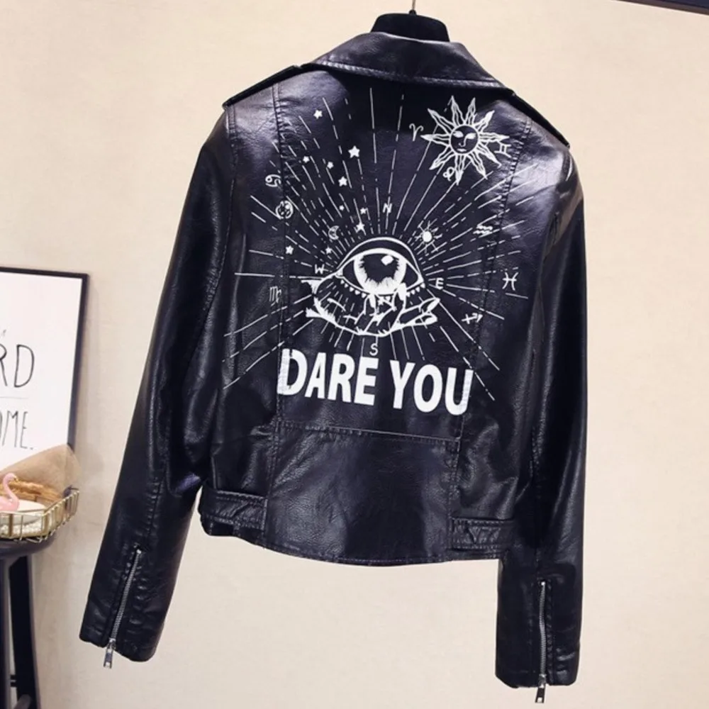 Punk lapel women's PU leather jacket belt printed motorcycle rivet short jacket