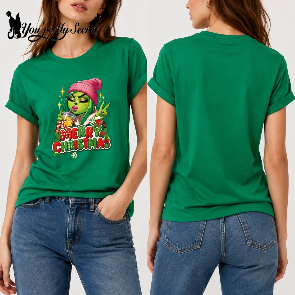 Women Christmas Graphic T-Shirt Pink Beanie Girl Print Short Sleeve Tees Merry Christmas Casual Green Tops Holiday Costumes