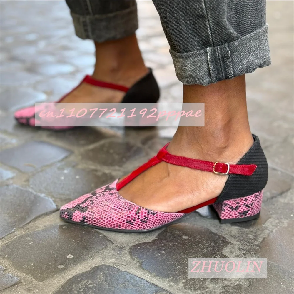 Mixed Colors Snake Pattern Stitching Mules Pointed Toe Thick Heel Buckle Strap High Heels Casual Comfortable Party Women'S Shoes