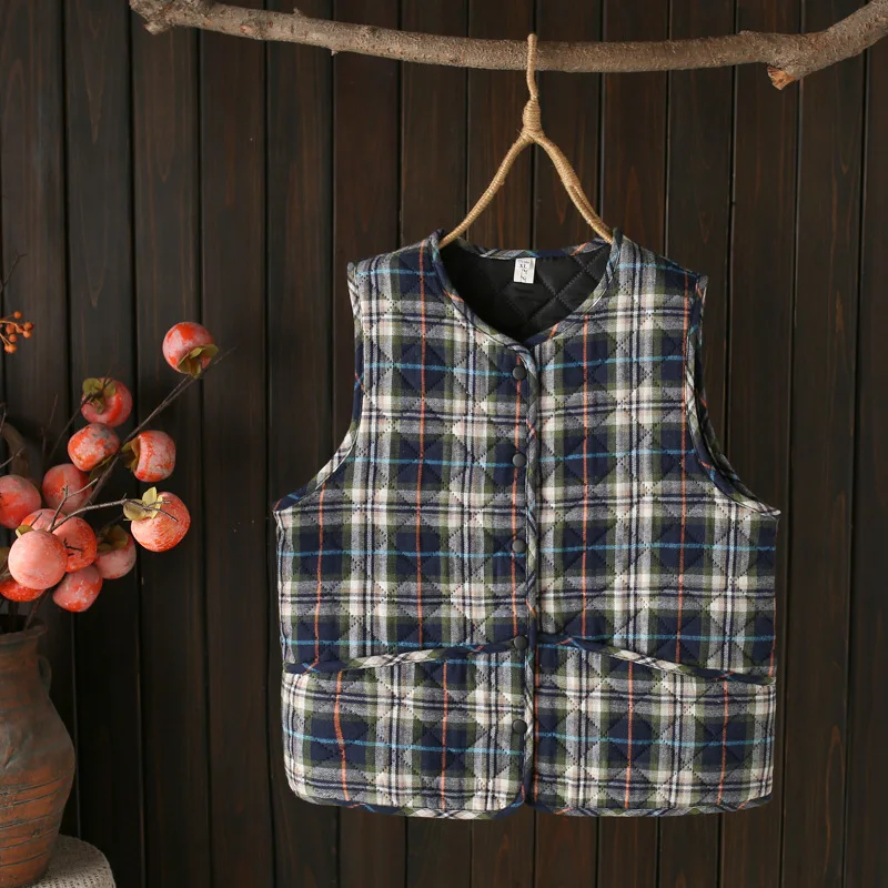 

XXL Women Quilted Vest Fall New Casual Loose Warm Coat Vintage Fashion Plaid Sleeveless Jacket 633