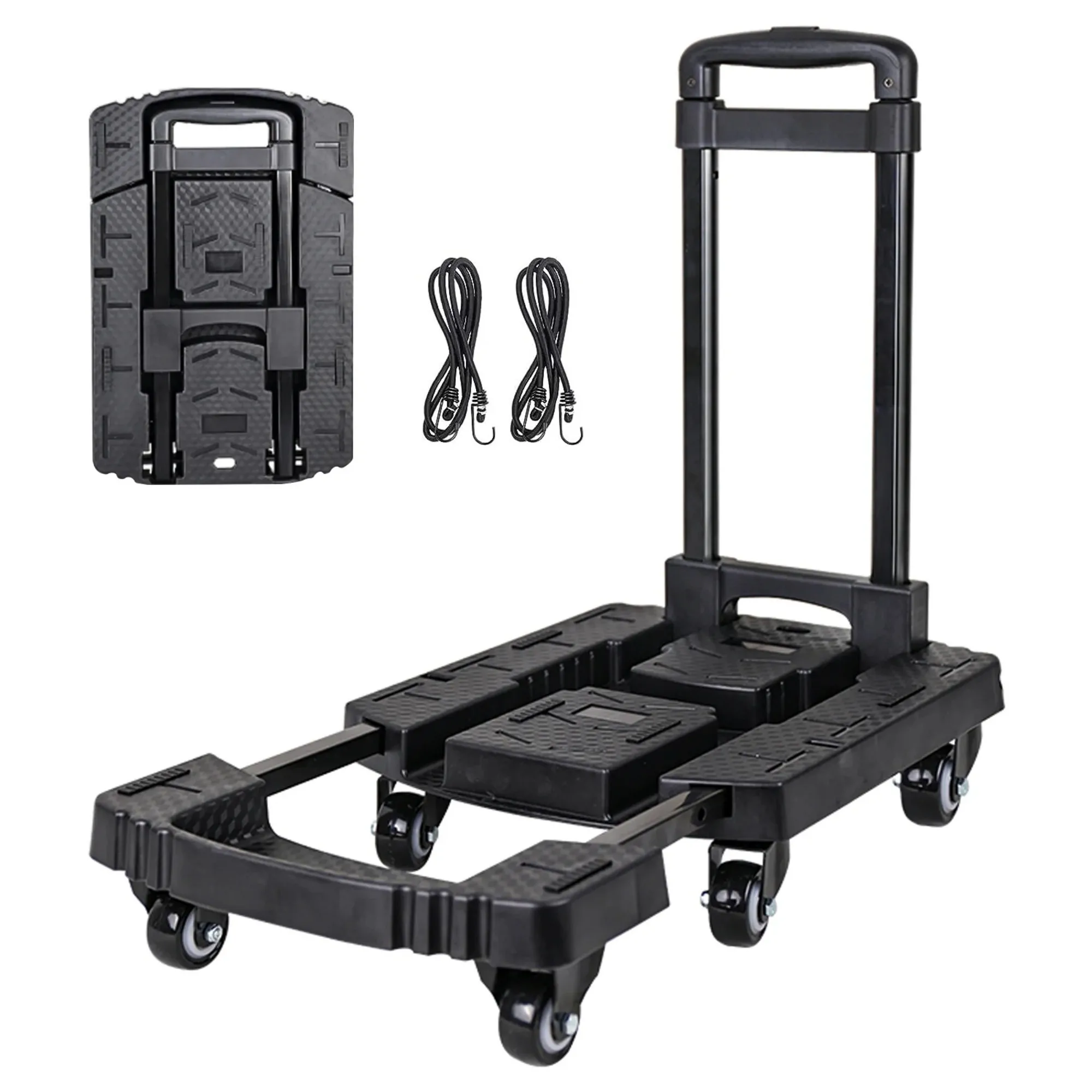 

Folding Hand Truck,Utility Dolly Platform Cart with 6 Wheels & 2 Elastic Ropes for Luggage, Moving, Office Use-Black
