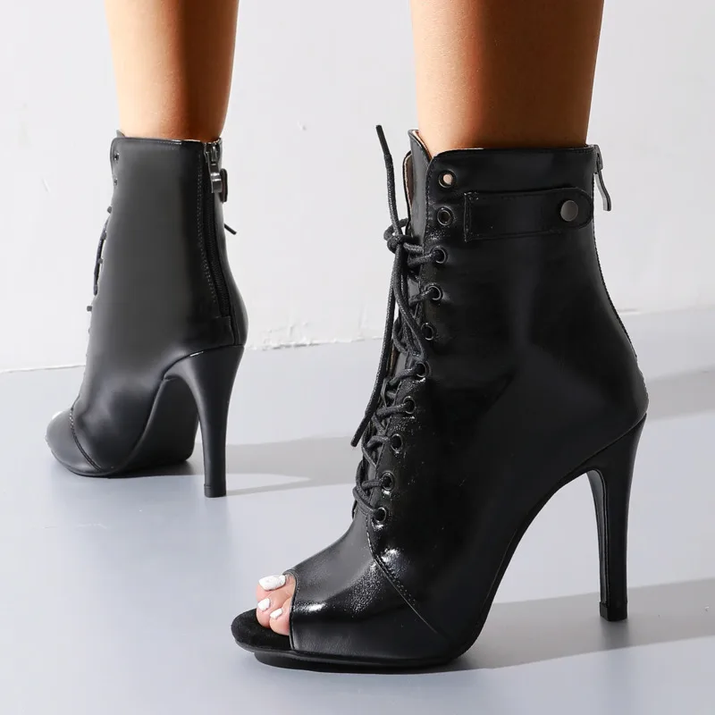 Botas negras de tacón alto para mujer, botas cómodas con punta abierta, zapatos de baile de Jazz de aguja, botines de mujer personalizables con