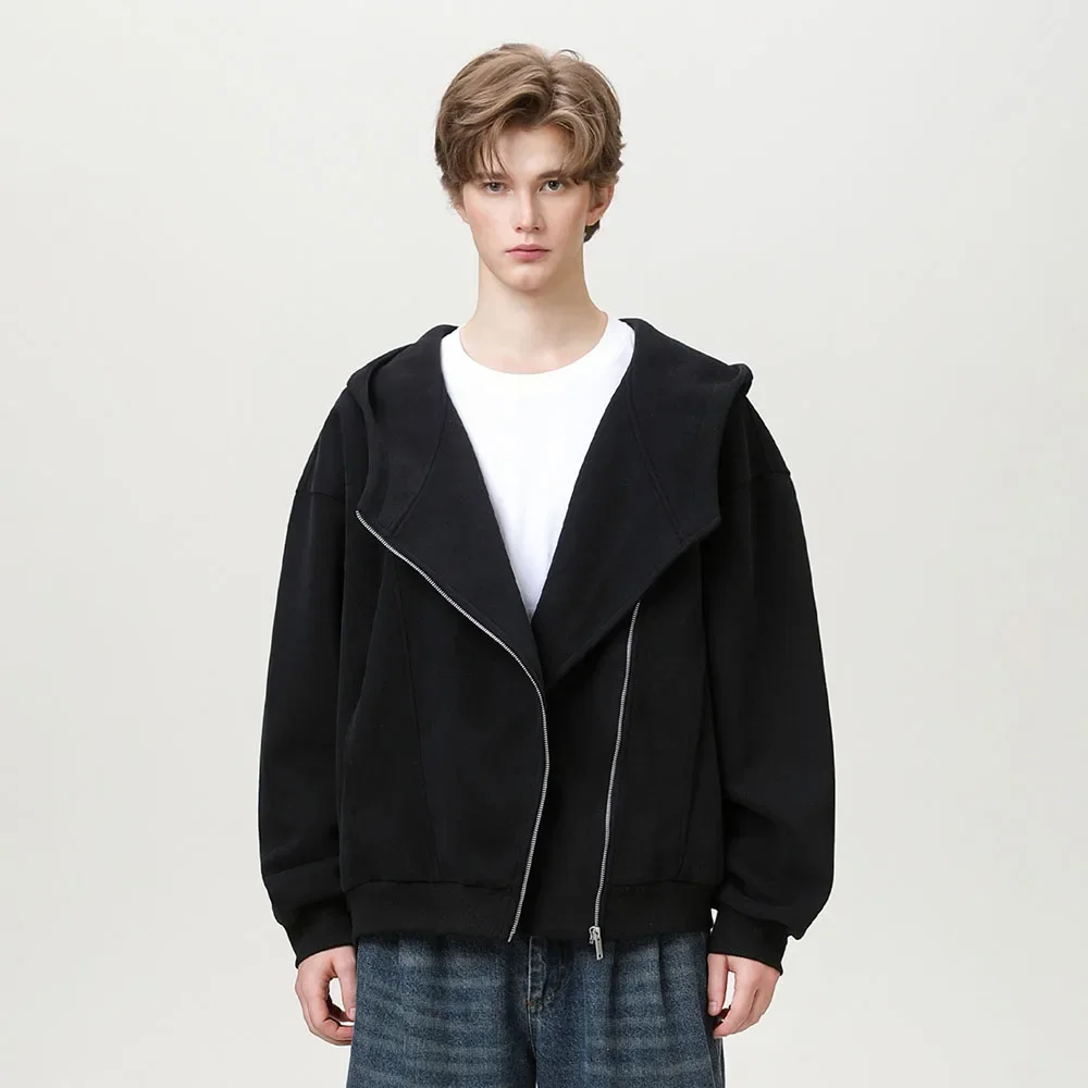 

TFETTERS 2025 Autumn Winter American Streetwear Hooded Jacket Men's Asymmetrical Zipper Coat Man Cardigan Heavyweight Oversized